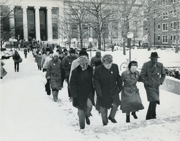 MLK Day march to Kresge, 1982. Left to right: Charles S. Brown, Paul E. Gray, Priscilla K. Gray, Clarence G. Williams. Courtesy: MIT Museum