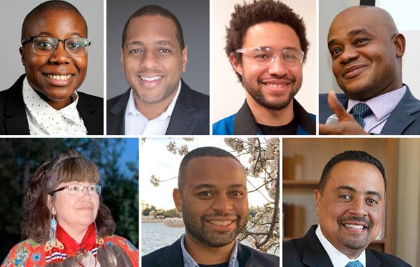 Meet the 2020-21 MLK Visiting Professors and Scholars: (clockwise from top left) Moya Bailey, Jamie Macbeth, Ben McDonald, Luis Gilberto Murillo-Urrutia, Charles Senteio, Thomas Searles, and Patricia Saulis. Credits: Images courtesy of the Dr. Martin Luther King, Jr. Visiting Professors and Scholars Program 